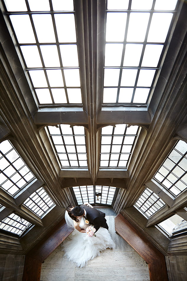 Hart house wedding photograph bridal couple in stairs bay window
