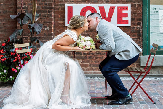 bride and groom at Distillery District, Toronto wedding photography